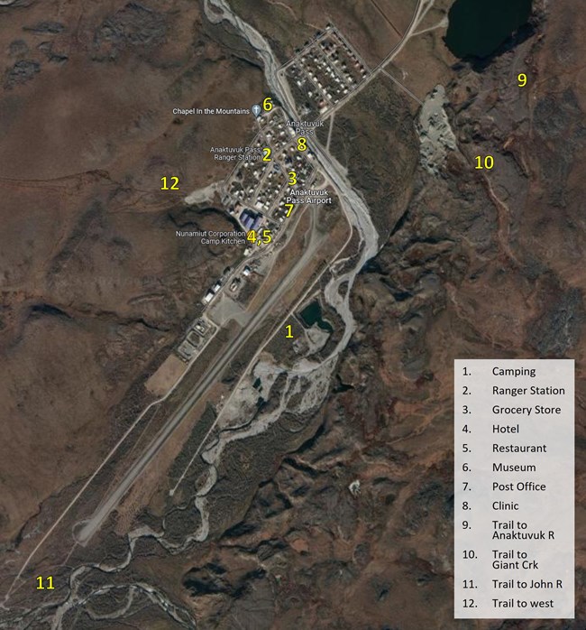 Satellite image map of Anaktuvuk Pass with services legend