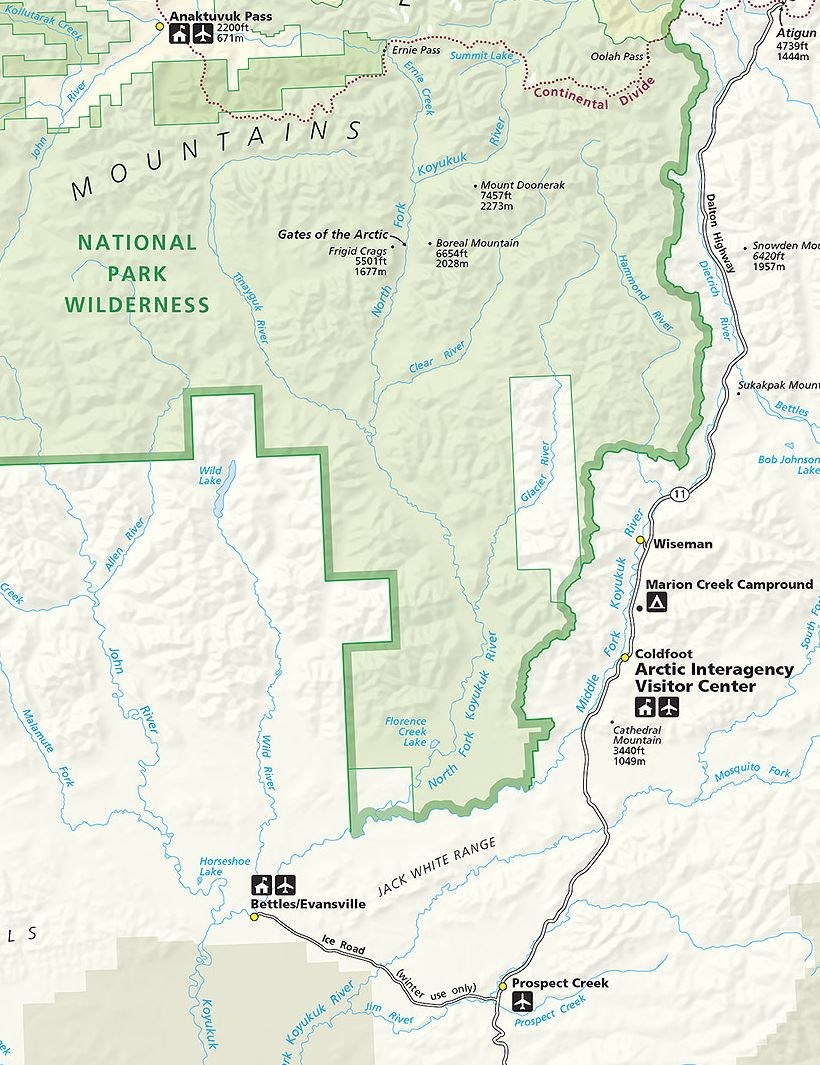 Image of the Park Map showing the North Fork Koyukuk and Tinayguk Rivers