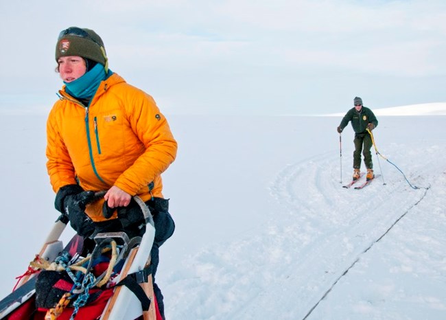 A musher on a dog sled pulls a skier with a long tow rope in winter