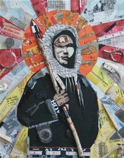 Alaska Archeology month poster side 2, a collage of materials forming the image of an Eskimo hunter.