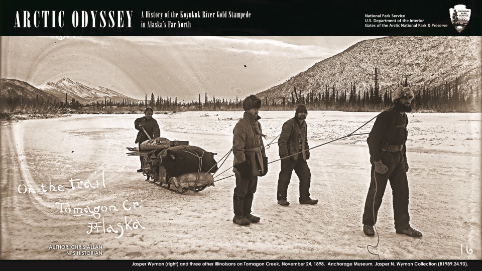 Men pulling a sled in winter, from Arctic Odyssey
