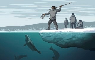 A drawing of a prehistoric hunter standing poised for a strike at the sea ice edge.