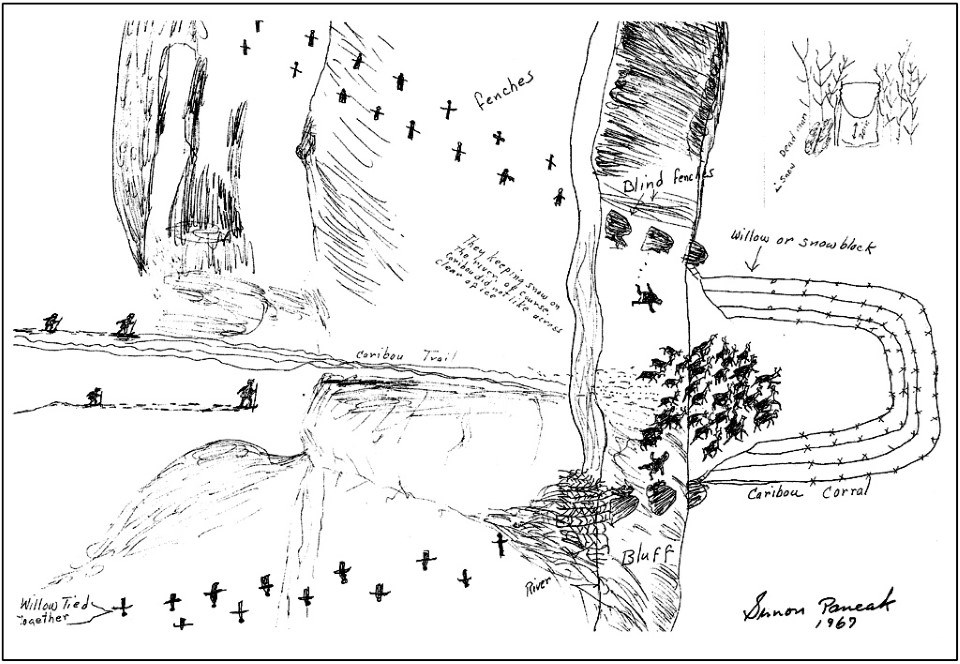 1967 Drawing by Simon Paneak of a caribou drive, depicting hunters, iñuksuit, and a caribou herd entering a corral in Gates of the Arctic National Park (click to enlarge)