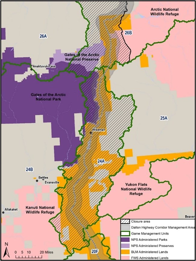 Map showing extent of the temporary Federal public lands closure to hunting for Dall sheep by  all users in Units 24A and 26B.