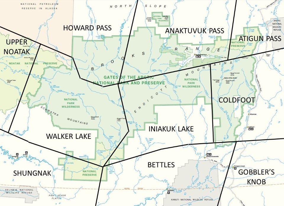 Gates of the Arctic park map showing weather forecast areas. Click an area to view the weather forecast.
