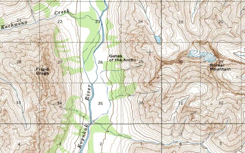 Section Of A Topographic Map Showing The Gates Of The Arctic, Boreal Mountain And Frigid Crags, Above The Koyukuk River - Section of a topographic map showing the Gates of the Arctic, Boreal Mountain and Frigid Crags, above the Koyukuk River