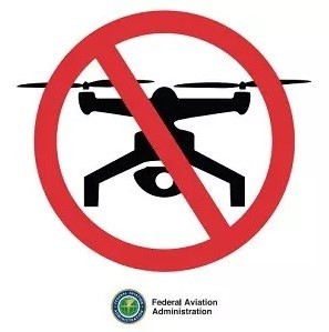 "No Drone Zone" drones prohibited symbol by Federal Aviation Administration
