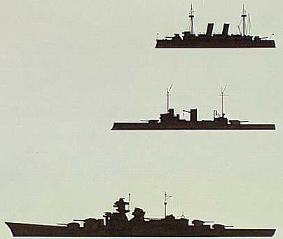 Silhouettes of enemy battleships from Spanish-American War to World War II.