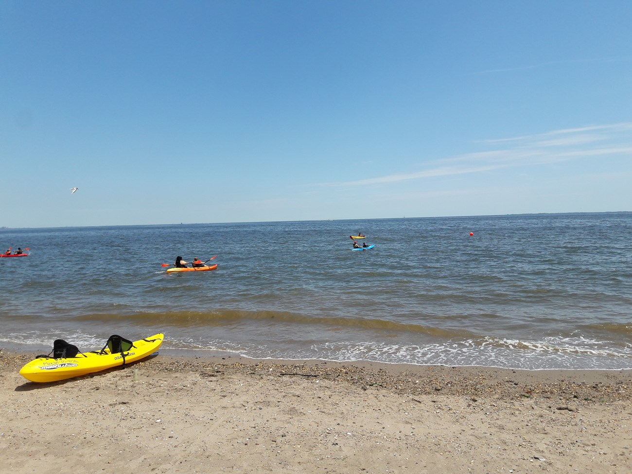Kayaks on the water and shore
