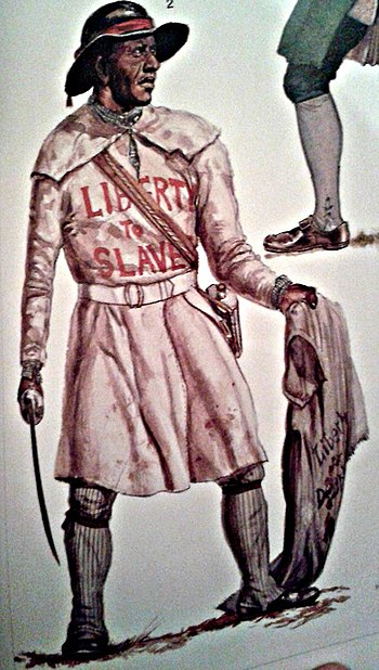 Illustration of Black Man in Ethiopian Regiment Uniform with words Liberty to Slaves across his chest