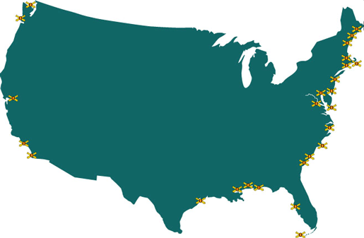 U.S. map showing harbors with Endicott Era defenses.