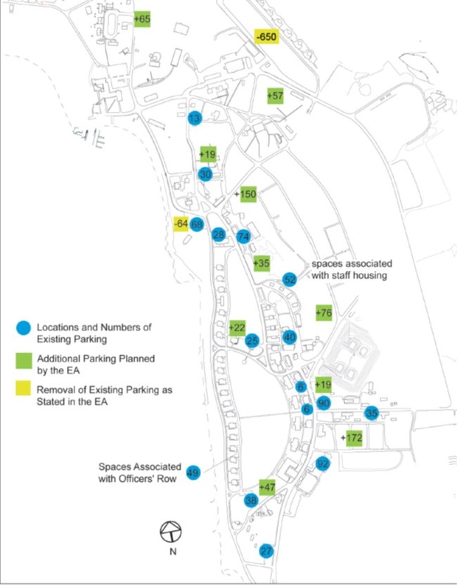 Map of proposed parking at Sandy Hook A black and white map of Sandy Hook that depicts the location of existing and planned parking lots across the unit, as well as which lots would be removed in proposed planning.