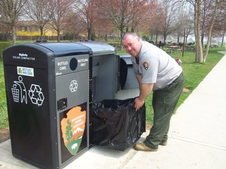Sophisticated, solar-powered trash compactors compress garbage. Park staff can spend less time collecting trash and devote more time to other tasks.