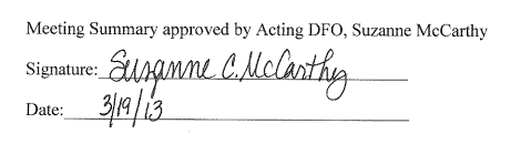 signature Meeting Summary approved by acting DFO, Suzanne McCarthy. McCarthy's signature. Dated march 19, 2013
