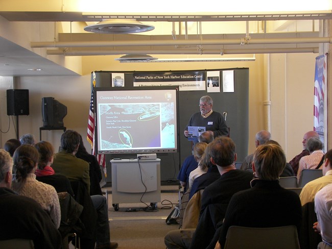 Chief of Resources Management for Gateway National Recreation Area, Dave Avrin, informs Harbor Heron and Colonial Waterbird Meeting group of the General Management Plan currently underway within the park and how to get involved in the process.