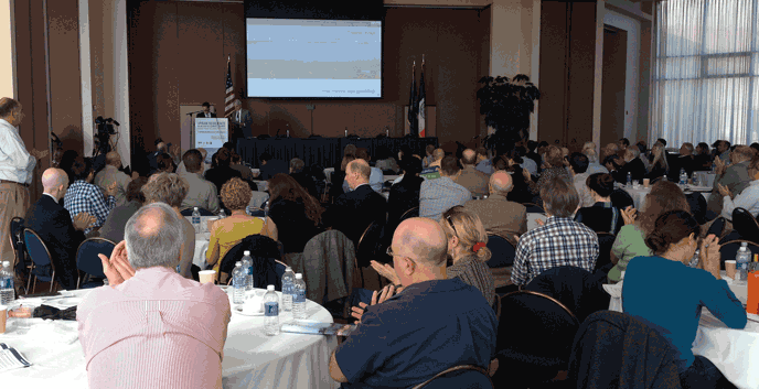 An audience of more than 300 applauds speakers as they present research and restoration efforts in Jamaica Bay and discuss the impacts of Hurricane Sandy on its ecosystem and watershed.  More than 20 speakers presented on the first of the two day symposium.