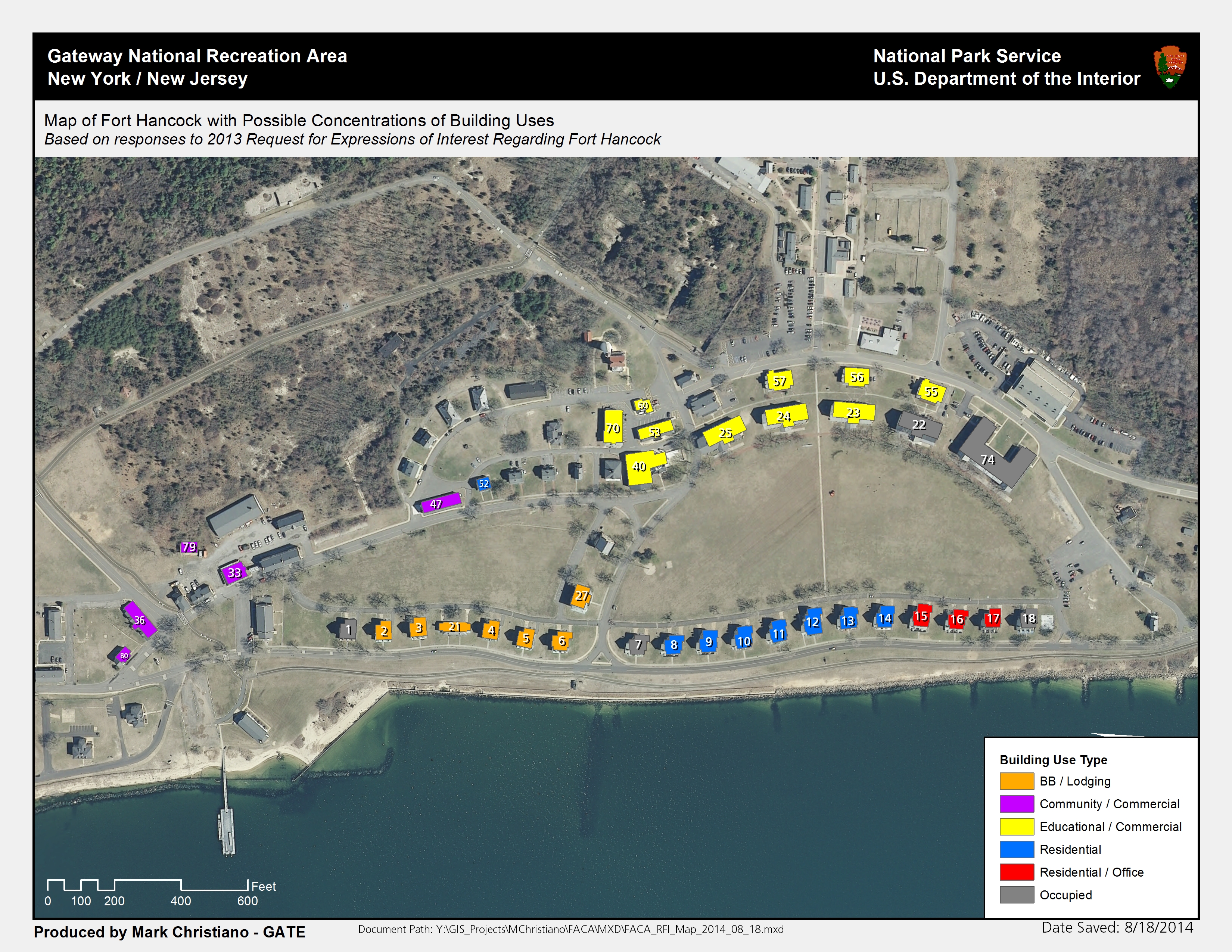 The Proposed Use Map of Fort Hancock shows how different areas of buildings will accommodate different building uses. The map is a work in progress and may be altered in the future.