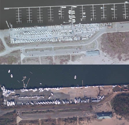 The marina at Great Kills Park, before and after the storm.