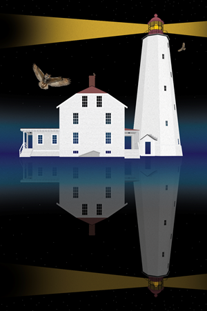 Painting of Lighthouse and reflection with birds