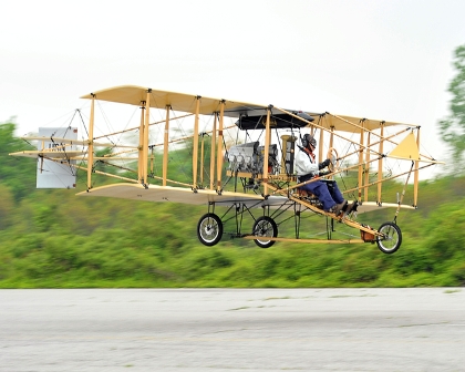 The Ely-Curtiss Pusher lands at Floyd Bennett Field after a short spin. Photo by Butch Moran; used by permission.