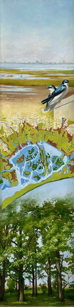 Jamaica Bay Park Portrait painting of barn sparrows map of bay and trees