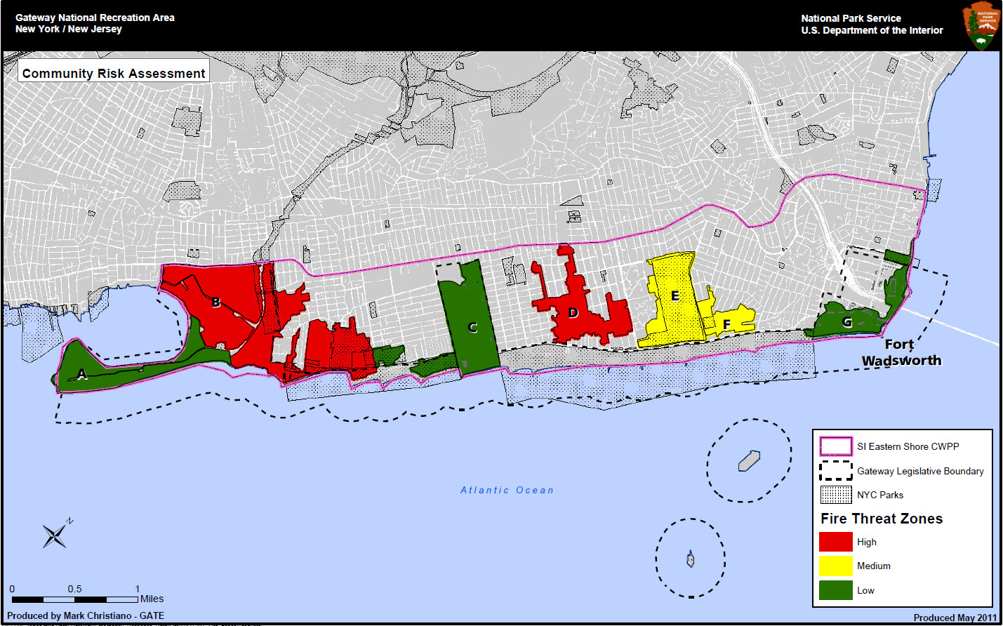 The CWPP will help federal, state and city agencies reduce the risk of fire to historically high risk areas (shown in red) on the southeastern shore of Staten Island, near several areas of Gateway. These areas include both public and private lands.