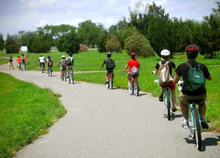 line of bicyclists