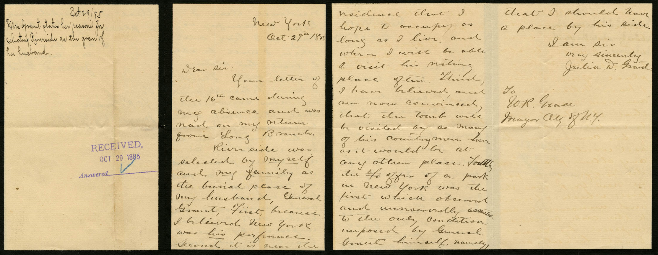 Letter from Julia D. Grant to NYC Mayor Grace