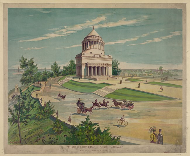 Graphic print of mausoleum in background, with grass and trees surrounding and pavement with horse and carriage and people dressed in 1900s wear, and the Hudson River on the left
