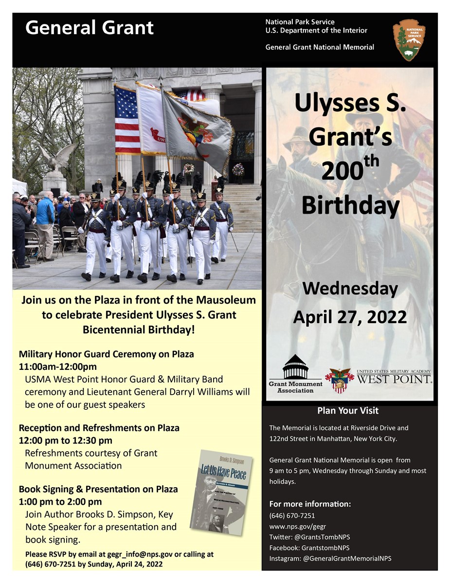 Grant's 200th birthday flyer with image of west point cadets in front of mausoleum