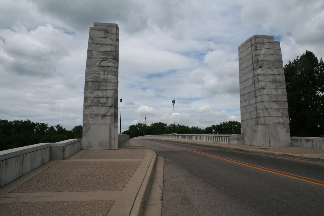 Native American Sculptures on bridge