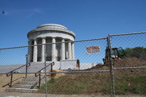 George Rogers Clark Memorial behind construction fence.