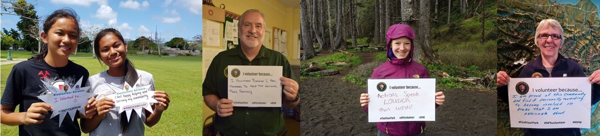 Line of four photos of volunteers holding up signs in national parks telling why they volunteer
