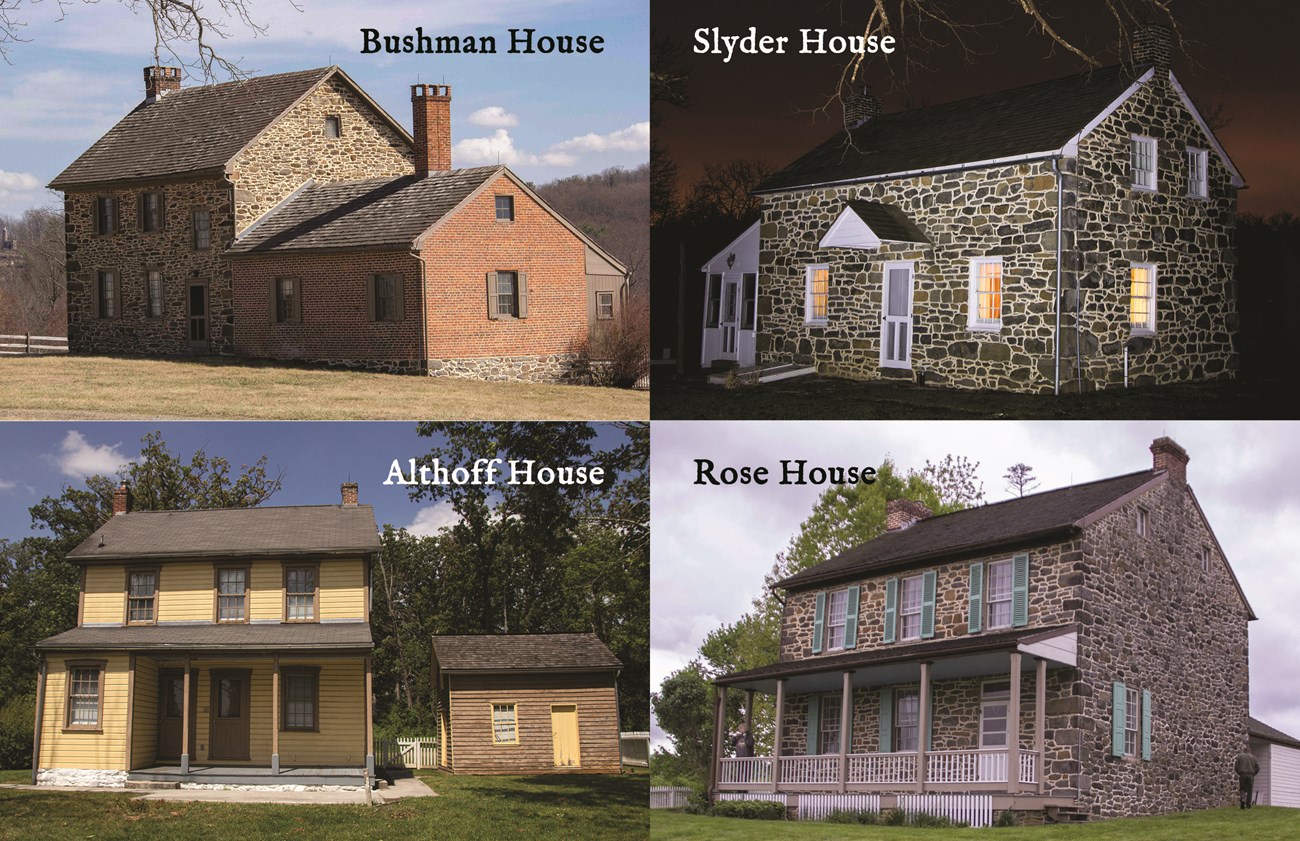 A collage of four houses. Upper left is the Bushman house, a two-story brown stone and one-story red brick house. Upper right is the Slyder house, a two-story stone house. Bottom left is the Althoff house, a two-story yellow sided house with brown trim.