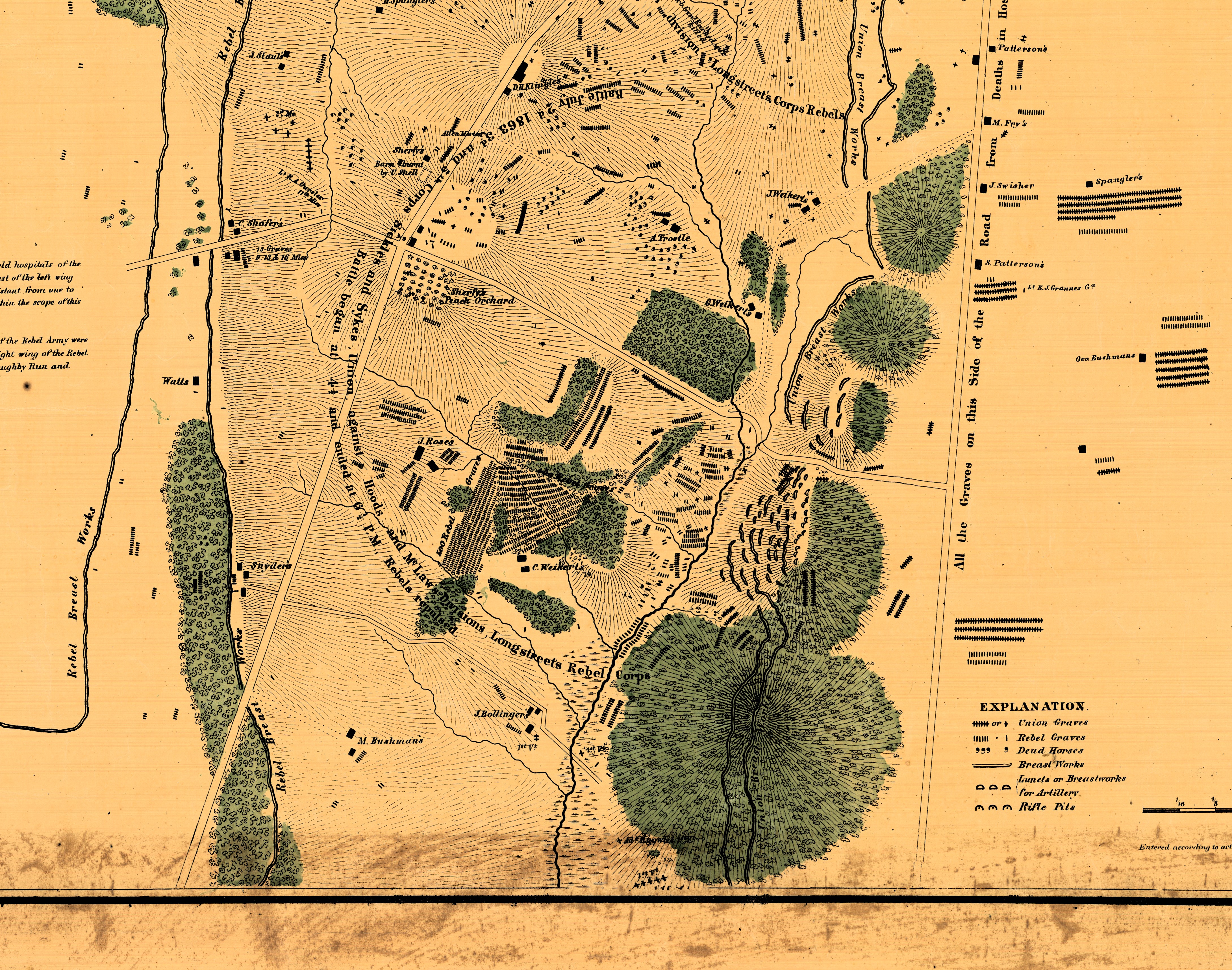 Close up excerpt of the Elliott map of Gettysburg, showing the locations of some battlefield graves