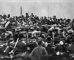 The crowd, dignitaries, and Abraham Lincoln during the Gettysburg Address on November 19, 1863.