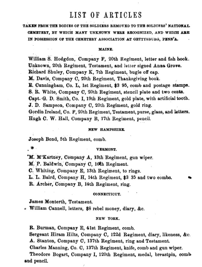 Excerpt from a book detailing the names and items found on soldiers before reburial in the Gettysburg National Cemetery