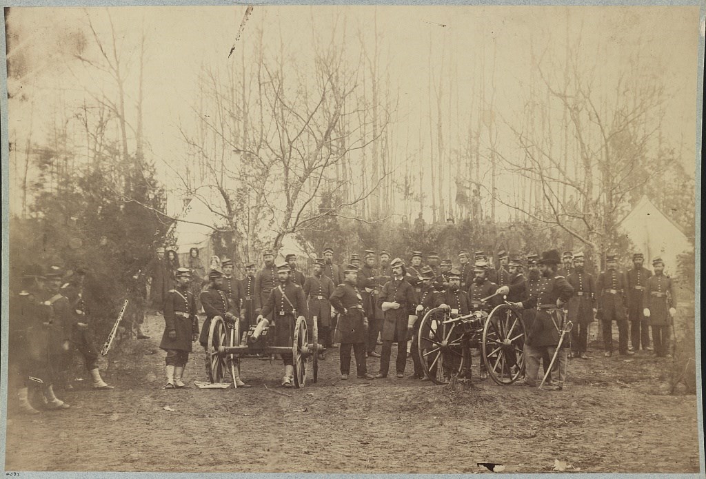 96th PA Officers U.S. Civil War officers of the 96th Pennsylvania Infantry gather around two unusual pieces of Civil War artillery