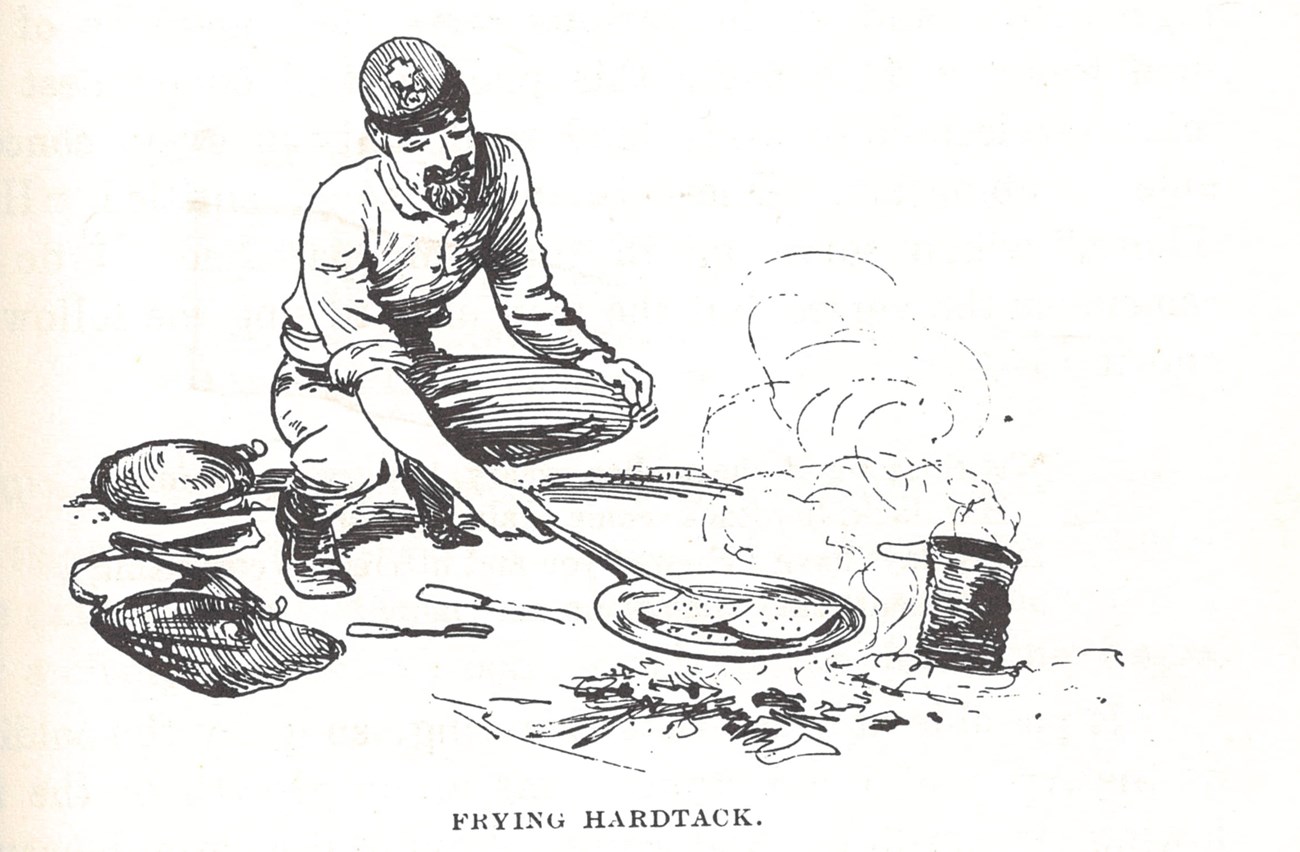 Billings 1 Sketch of a U.S. Civil War soldier frying hardtack in a pan over a fire.