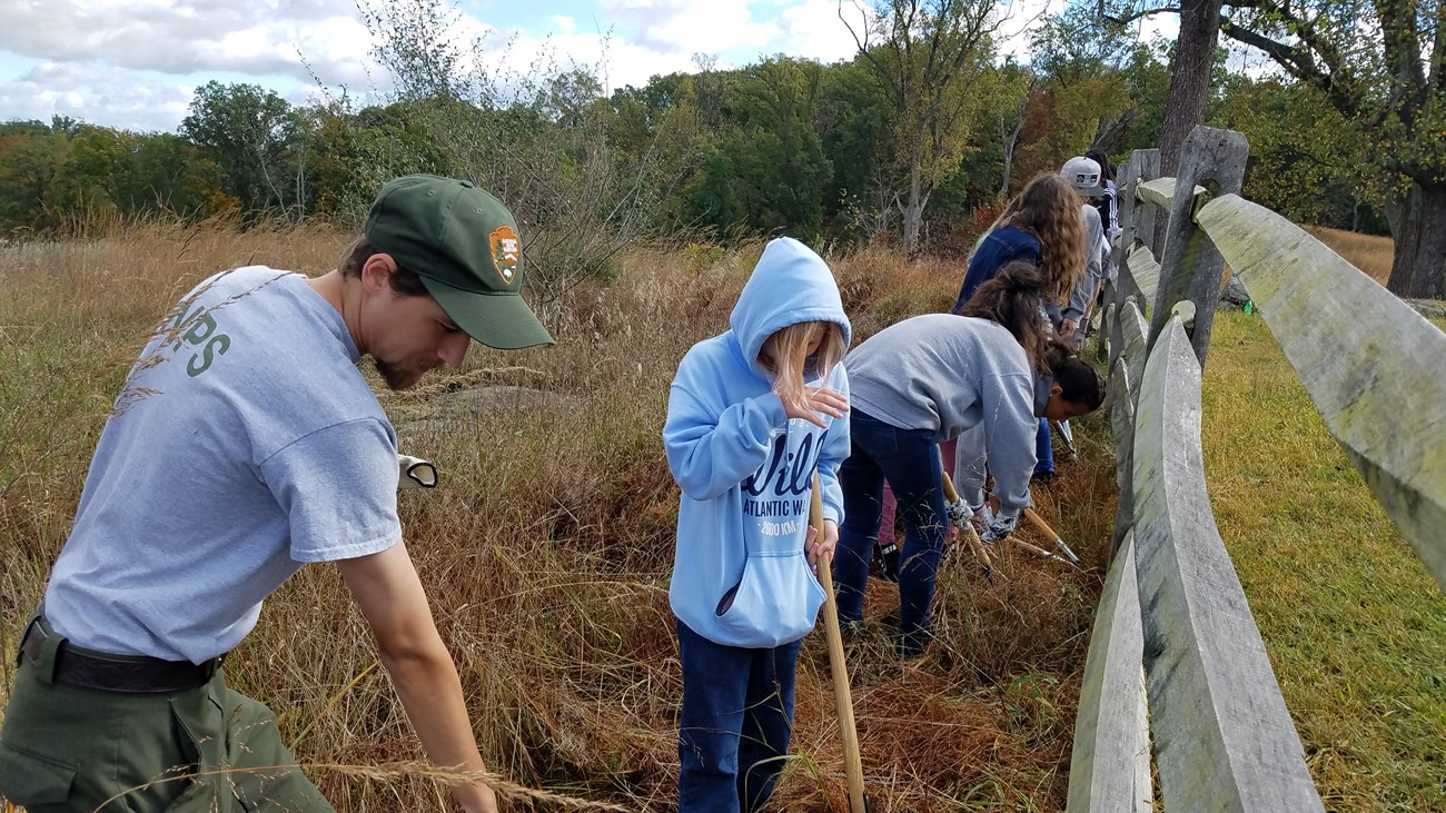 Youth participants in the Great Task program help a park ranger with brush clearing