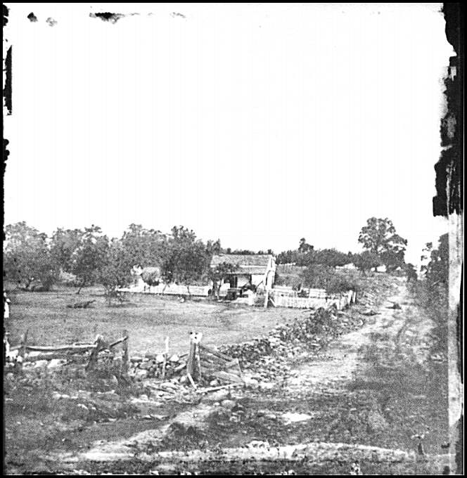 Battle damages home of Lydia Leister, which was used as U.S. General George Meade's headquarters during the Battle of Gettysburg