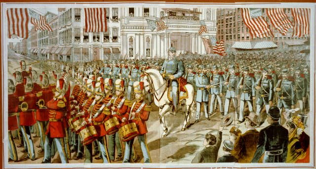 Parade Colorized print of Union soldiers and band marching through a city street on their way to join the Civil War