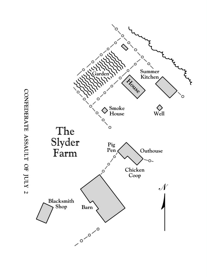 A diagram of the Slyder Family Farm identified the various farm buildings on the property