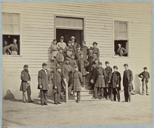 Surgeons and hospital stewards at Harewood Hospital, Washington, D.C. Photograph of surgeons and hospital stewards at Harewood Hospital, Washington, D.C.