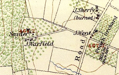An 1868 map depicts where the Warfield home is located in relation to the Peach Orchard.