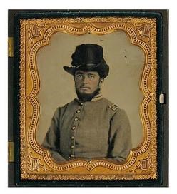 George Hillyer colorized photograph of a man in a gray military uniform wearing a black hat