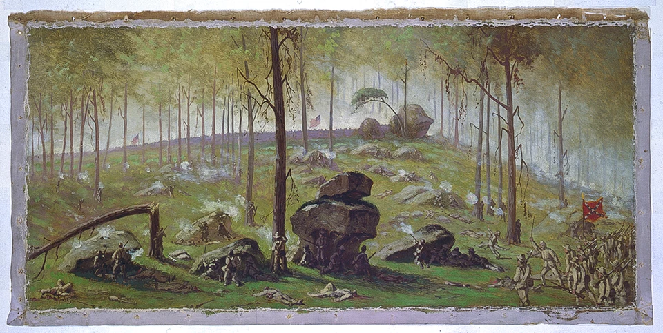Edwin Forbes painting of Culp's Hill. A painting of the slope of Culp's Hill. Confederate soldiers move up the hill from the bottom right corner and use some of the large boulders for cover. Through the thin trees a Union line of soldiers line the crest of the hill.