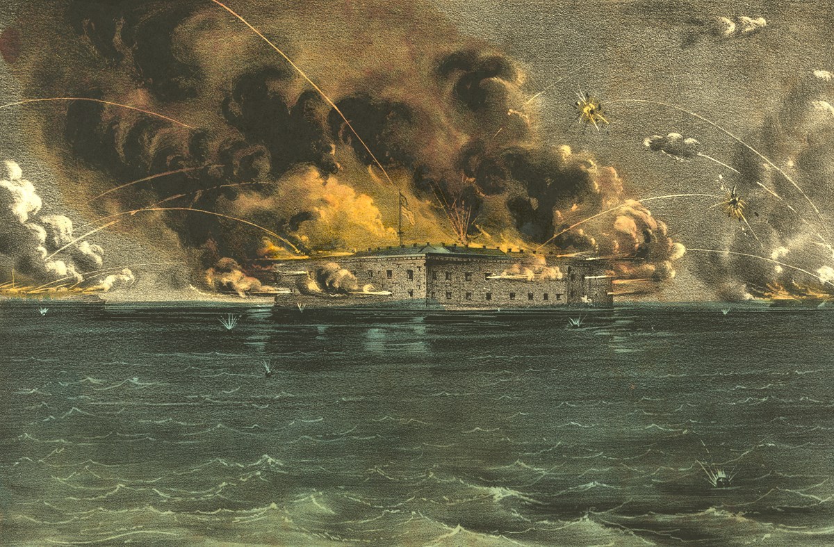 Color illustration of cannons flying in arcs over the ocean to a stone fort.