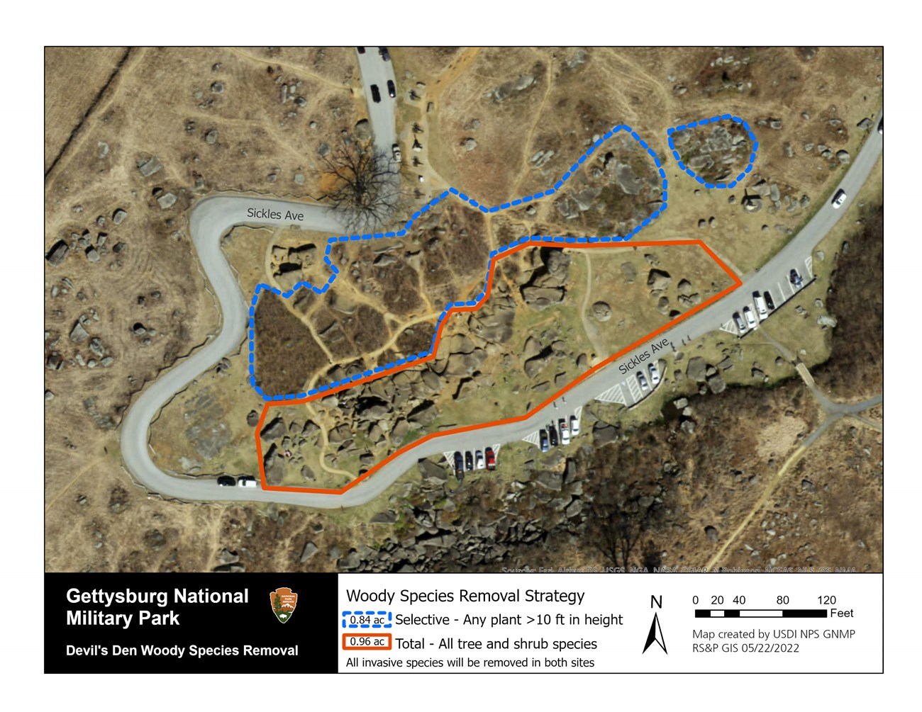 An overhead map of the Devil's Den area of the Gettysburg Battlefield. There is a red outline around a field of large boulders and two blue dashed outlines abound other large boulders and pathways.