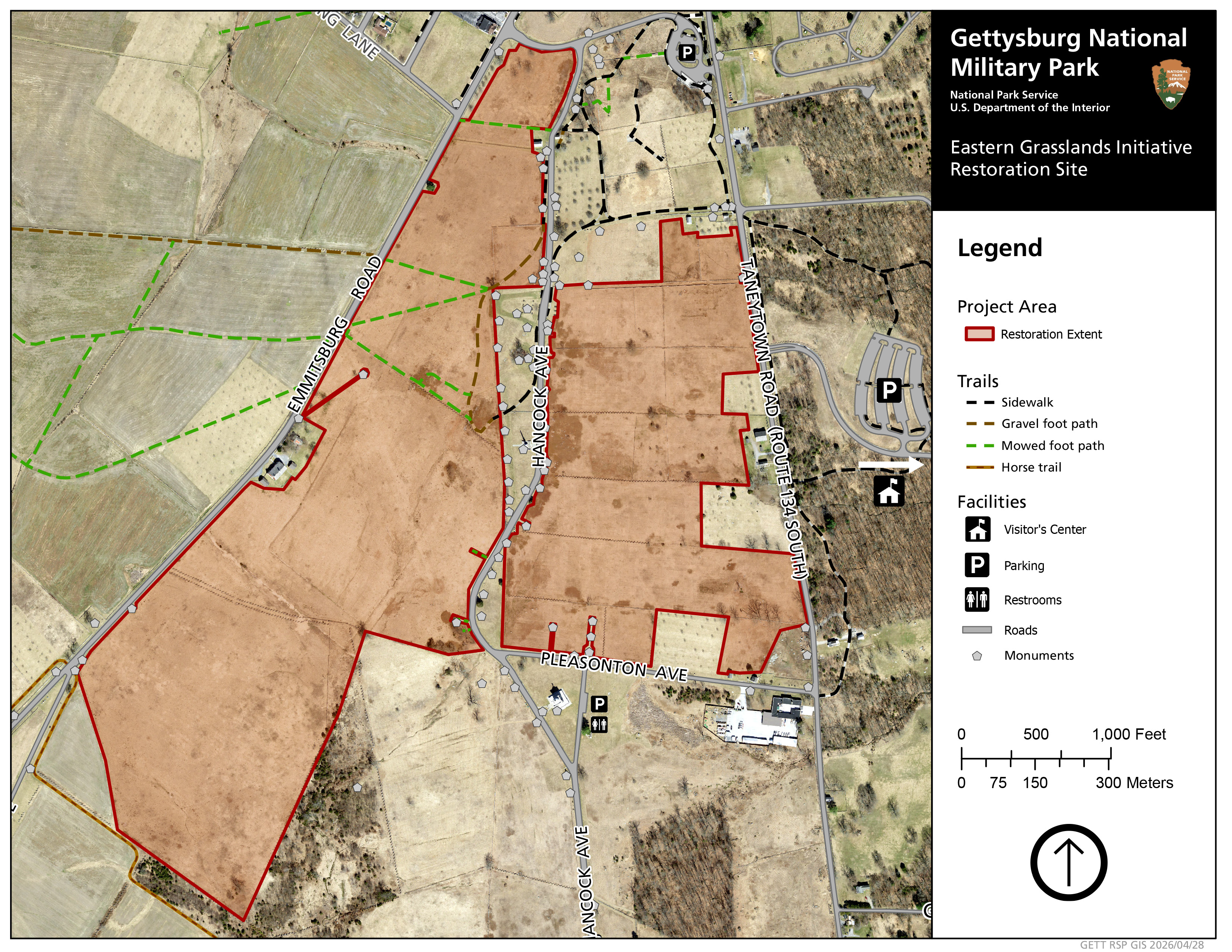 An overhead map showing various shading of tan and green for farm fields but highlighting areas in red. Along the right is a guide with symbols with details about how to read the map.